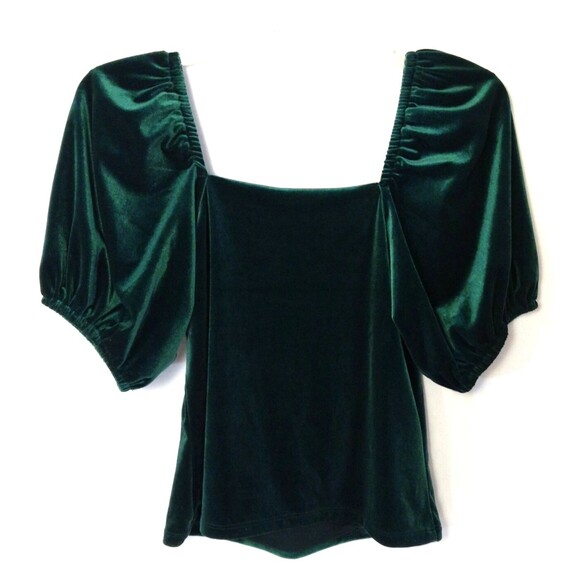 Vtg Y2K Velvet Top Wn XS Green Puff Sleeves Goth Vamp Witchy Grunge Steampunk - Picture 7 of 11